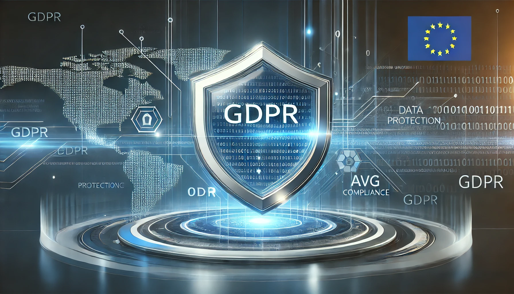 Illustratie van een digitale schild symbool dat databeveiliging representeert, met binaire code en abstracte gloeiende lijnen op de achtergrond. De afbeelding bevat tinten blauw, wit en zilver, met een subtiele kaart van de Europese Unie die AVG-compliance benadrukt.
